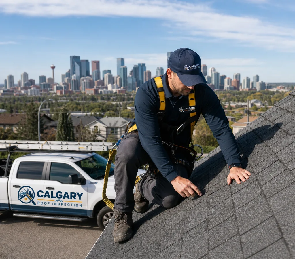 Calgary roofer conducting a close asphalt-shingle roof inspection with proper fall protection and the skyline in the distance