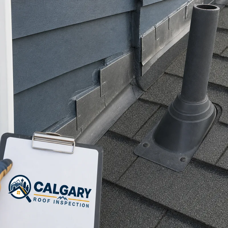 Close view of step flashing at a shingle sidewall and a properly sealed plumbing vent boot