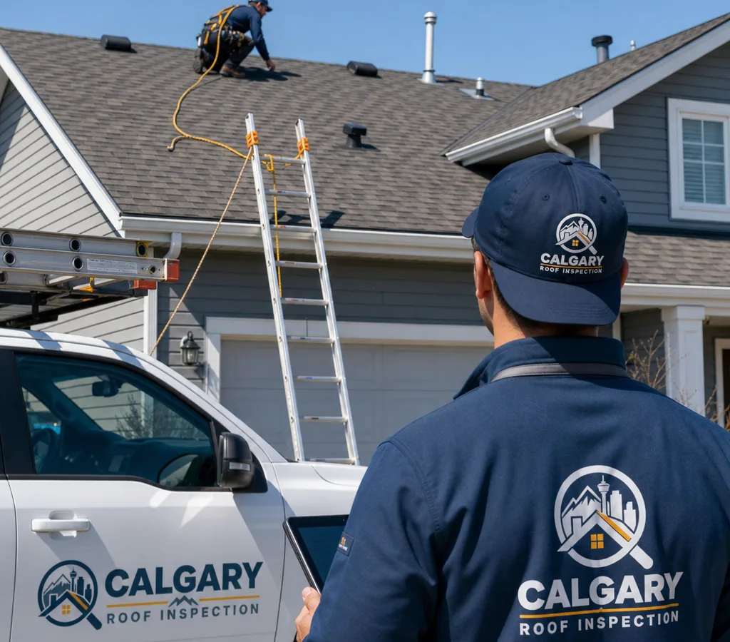 Calgary roofing crew safely working on the asphalt shingle roof of a detached home with tied-off ladders, vents, and flashing visible