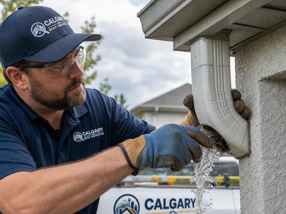 Close-up of a gutter outlet and downspout elbow being cleared with water flowing freely
