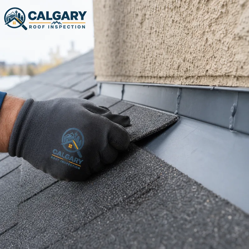 Close-up of new step flashing correctly integrated with shingles at a roof-to-wall intersection