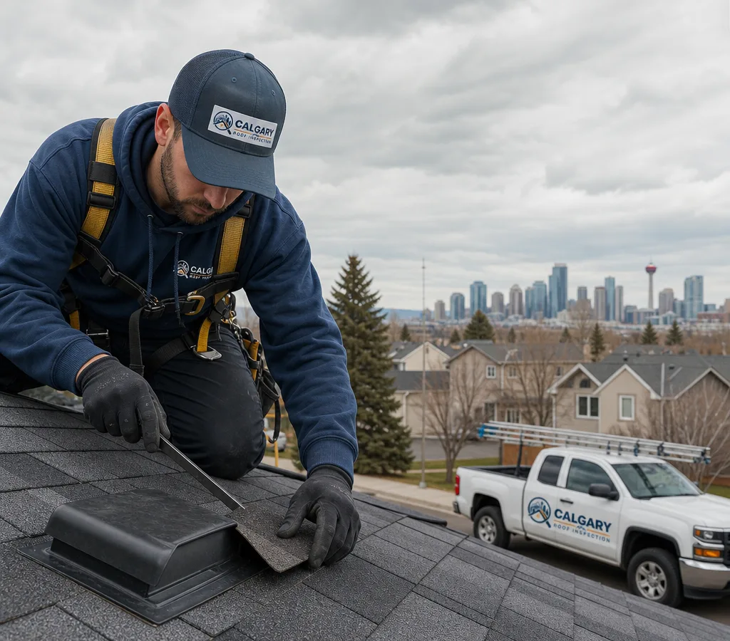 Roofer using a safety harness while inspecting and repairing asphalt shingles near a roof vent in Calgary