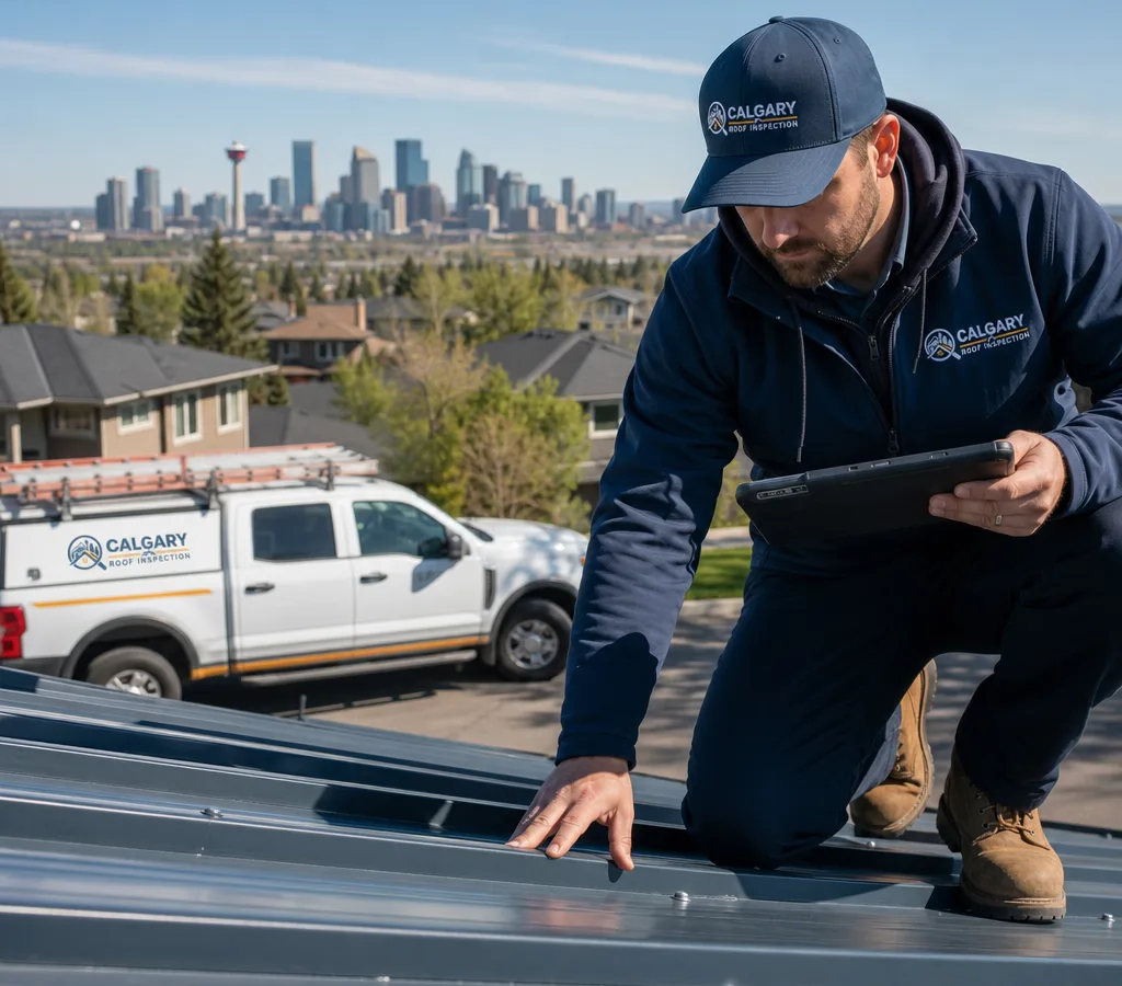 Inspector on a Calgary home examining a steel roofing panel seam and fasteners with the city skyline in the distance