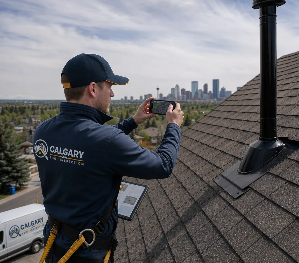 Roof inspector documenting shingles and flashing on a Calgary home