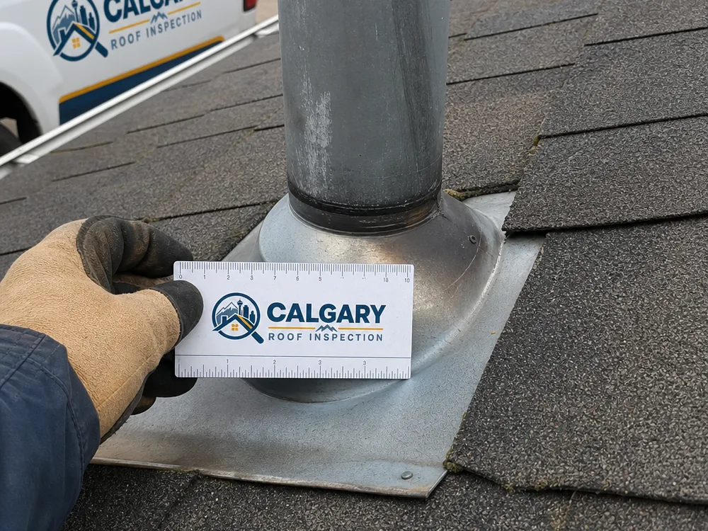 Roof vent flashing and shingles documented with a reference marker
