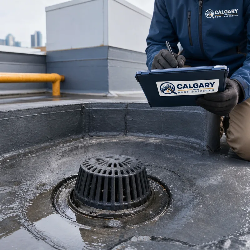 Commercial flat roof drain, membrane, and flashing being documented during an inspection