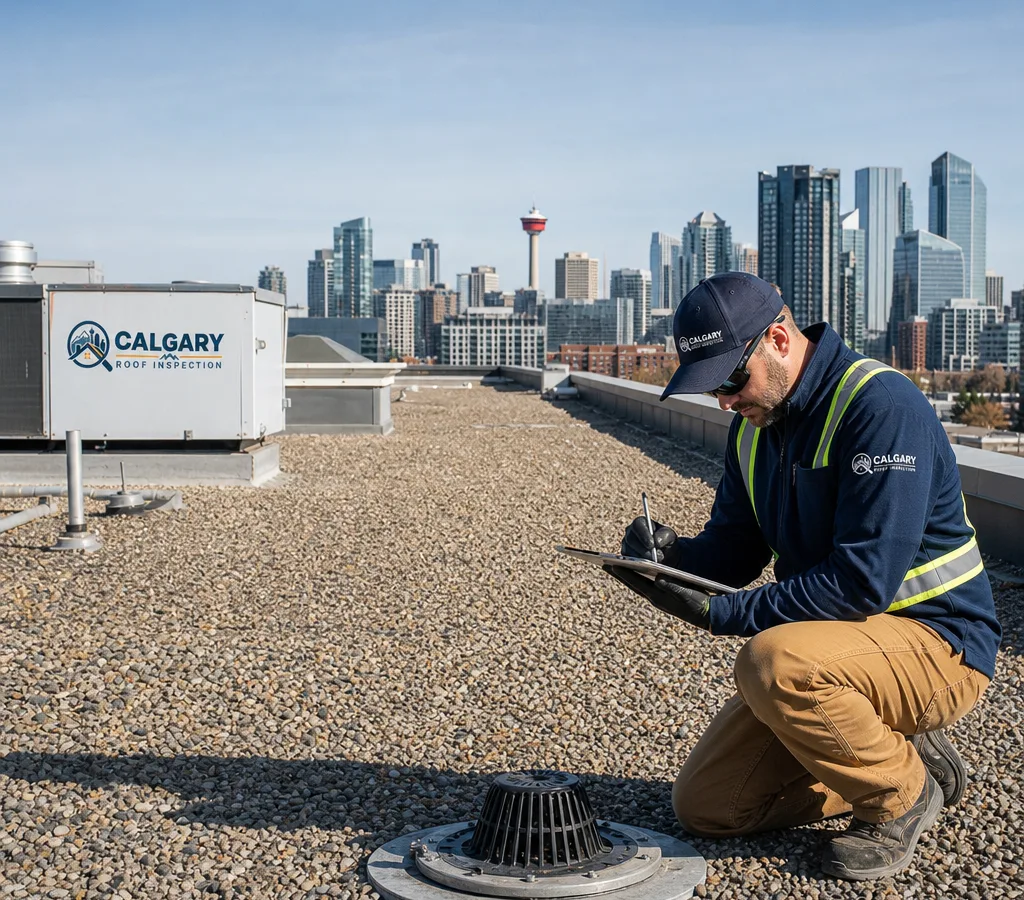 Inspector documenting conditions on a Calgary commercial flat roof with parapets, drains, and rooftop equipment