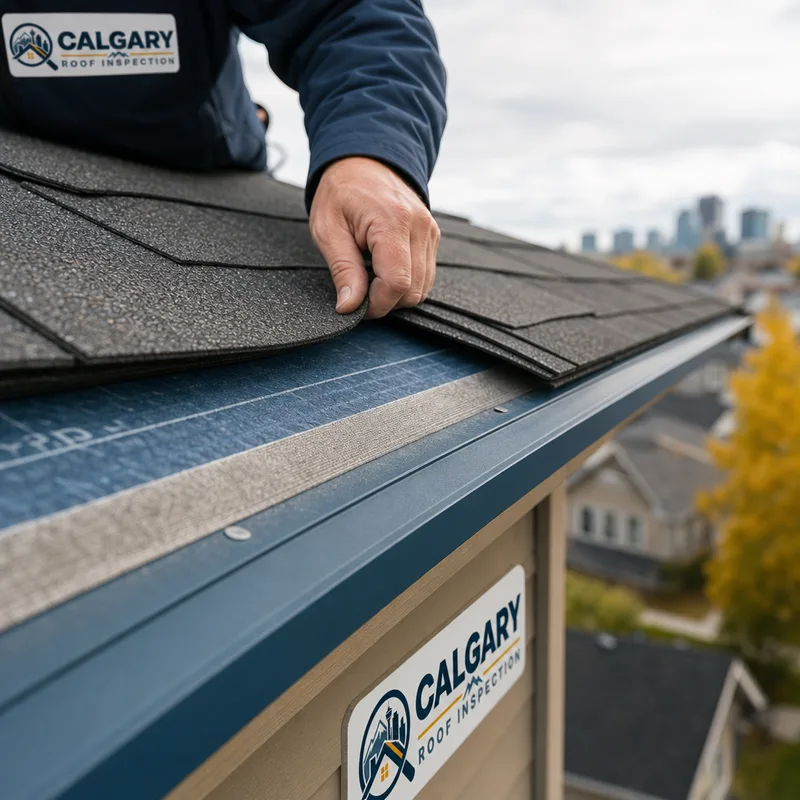 Close-up of drip edge metal, ice-and-water membrane, starter strip, and newly aligned asphalt shingles on a Calgary roof