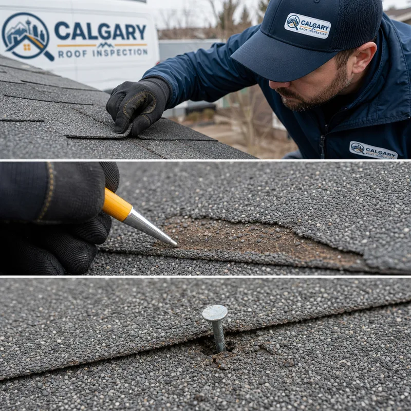 Close-up of wind-lifted asphalt shingles, granule loss, and a raised roofing nail