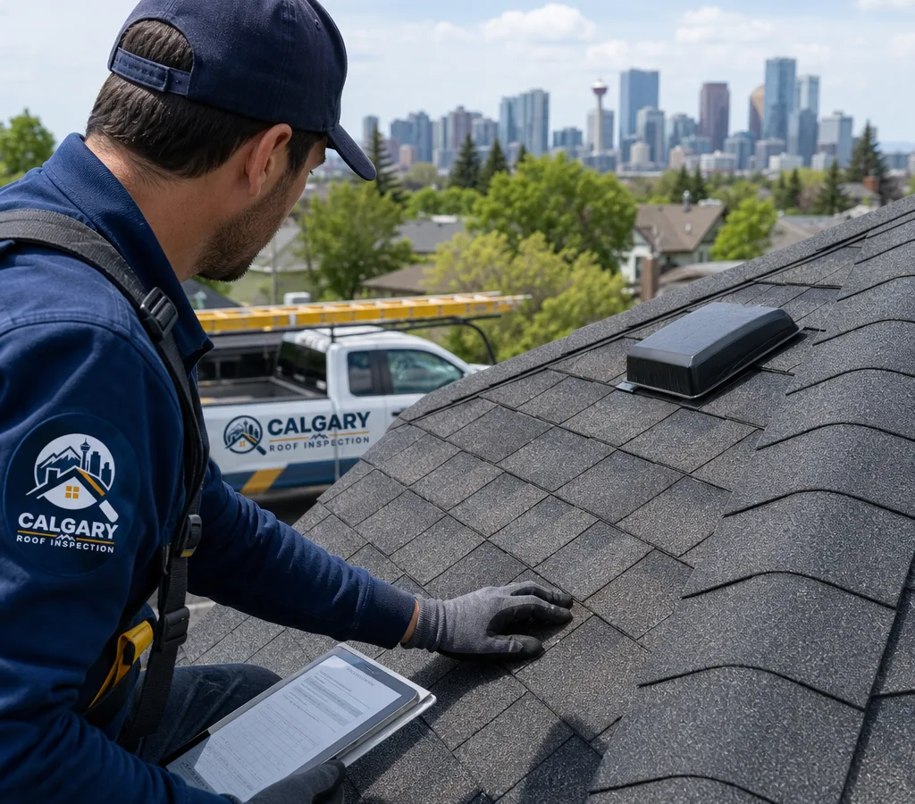 Inspector on a Calgary home examining asphalt shingles near a ridge and roof vent