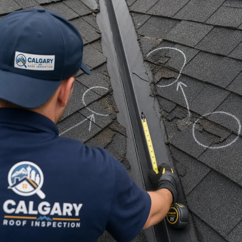 Worn roof valley and shingles marked for replacement beside a measuring tape