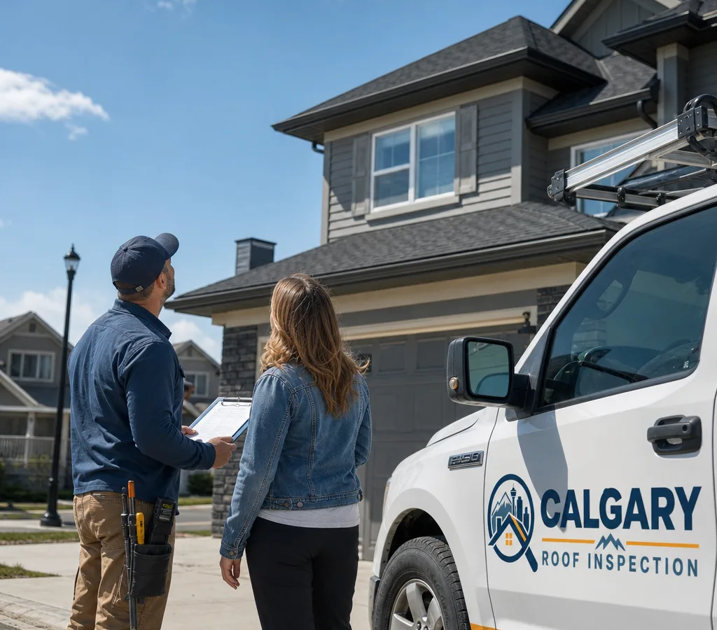 Contractor and homeowner reviewing a roof replacement plan outside a Calgary house