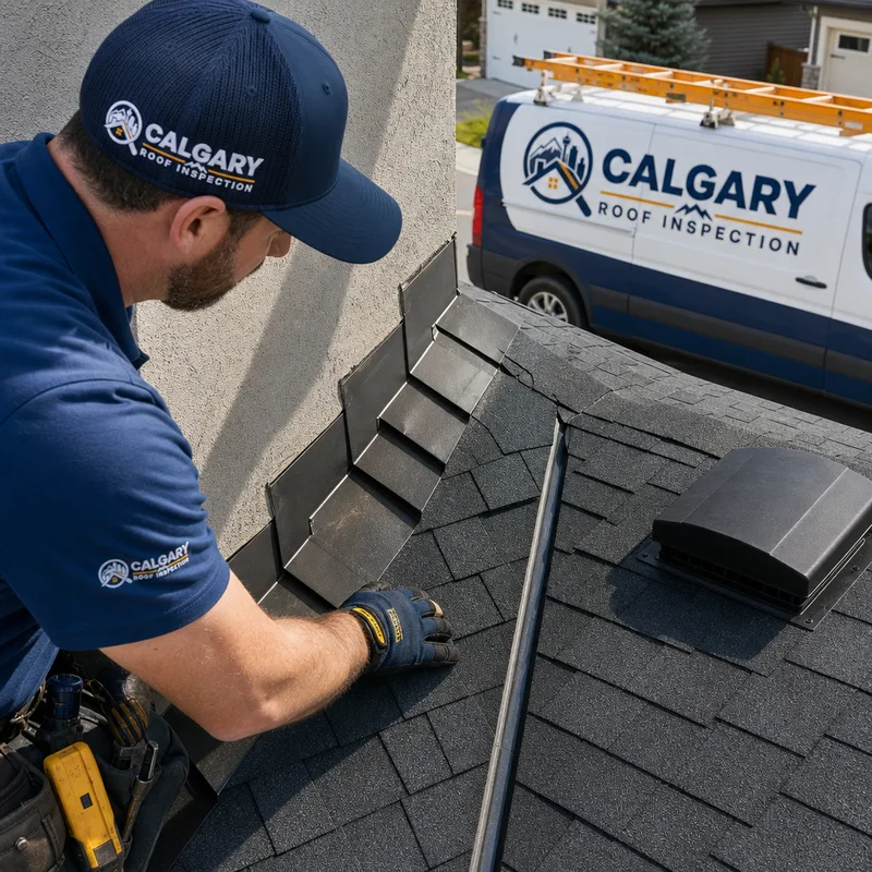 Close-up of residential step flashing, a shingle valley, and a roof vent on a Calgary roof