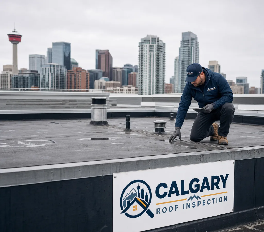 Calgary technician inspecting a flat roof with parapets, membrane seams, and rooftop penetrations