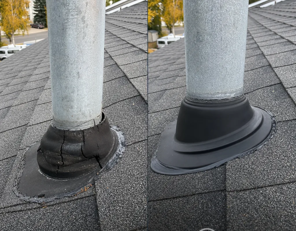 Cracked plumbing vent boot before repair and the same penetration after proper replacement