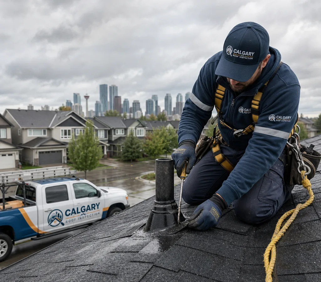 Roofer performing a targeted leak repair near a roof penetration on a Calgary home after a storm