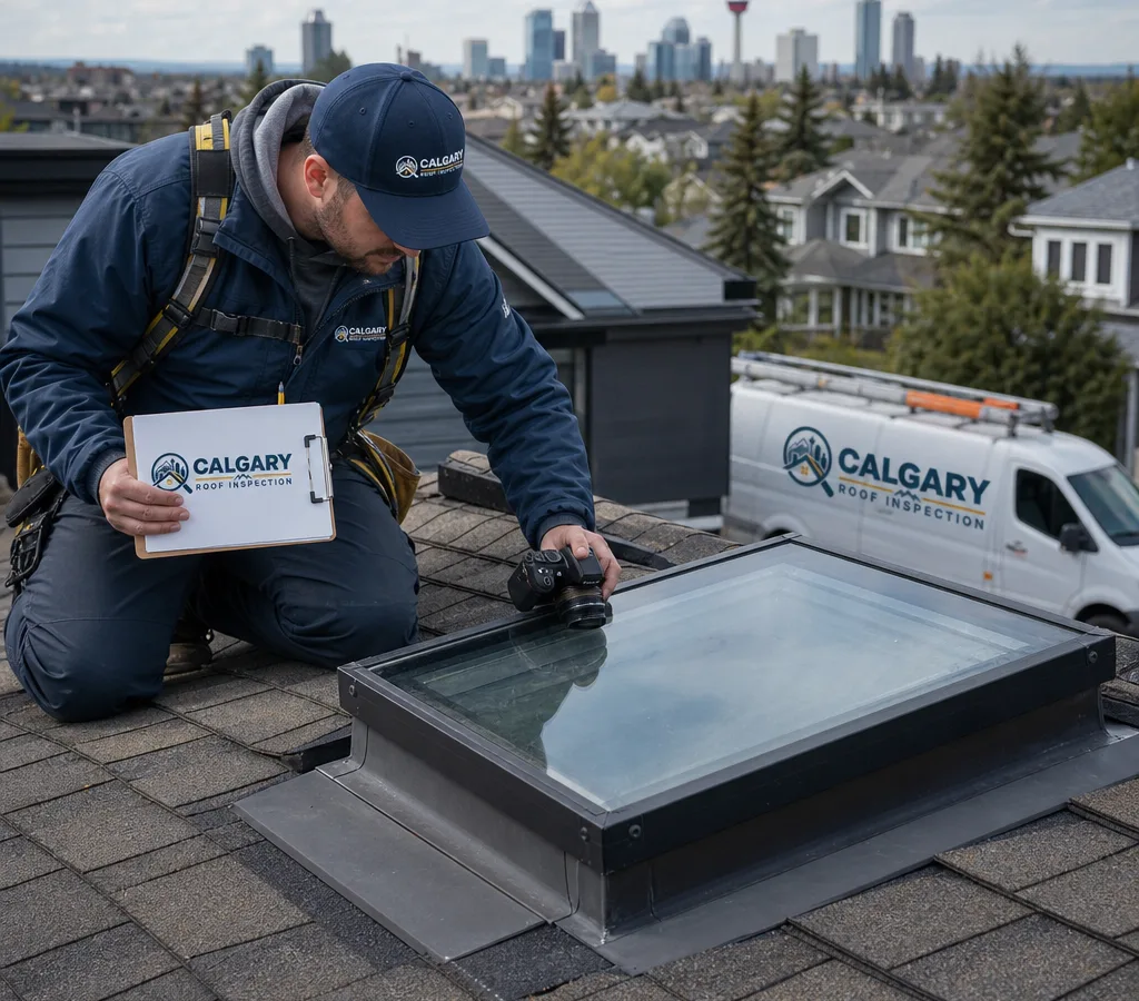 Inspector examining a residential skylight curb and surrounding shingles on a Calgary roof