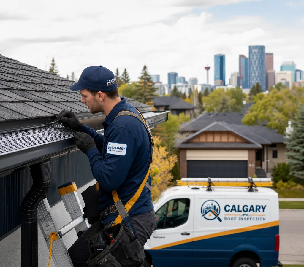 Technician installing gutter guards along a Calgary home's eave with the downspout and guard profile visible
