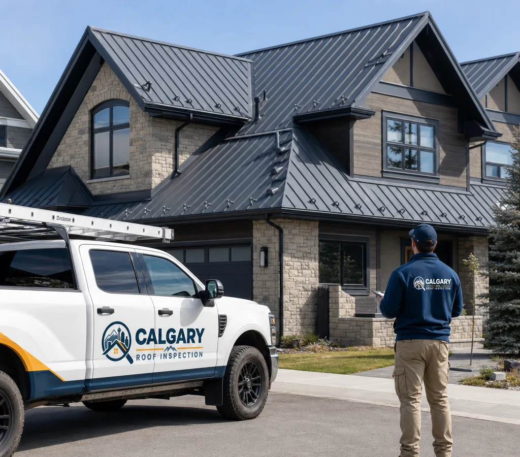 Calgary home with clean standing seam metal roof panels, flashings, and snow guards