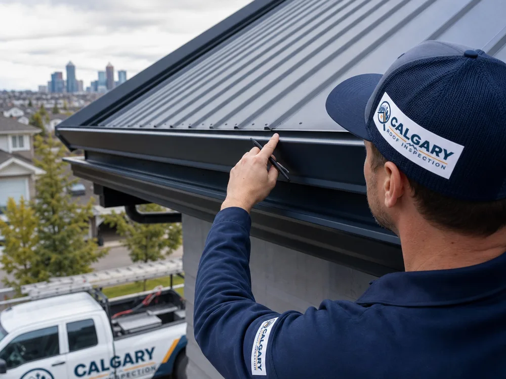 Metal roof eave showing edge metal, underlayment termination, first panel line, and gutter integration