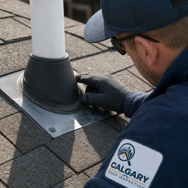 Technician inspecting flashing and a plumbing vent boot on an asphalt shingle roof