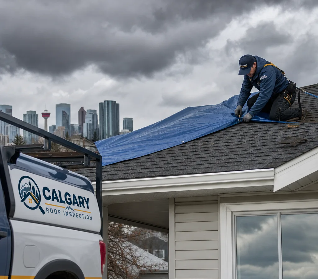 Technician securing a tarp and temporary seal over storm-damaged asphalt shingles on a Calgary home