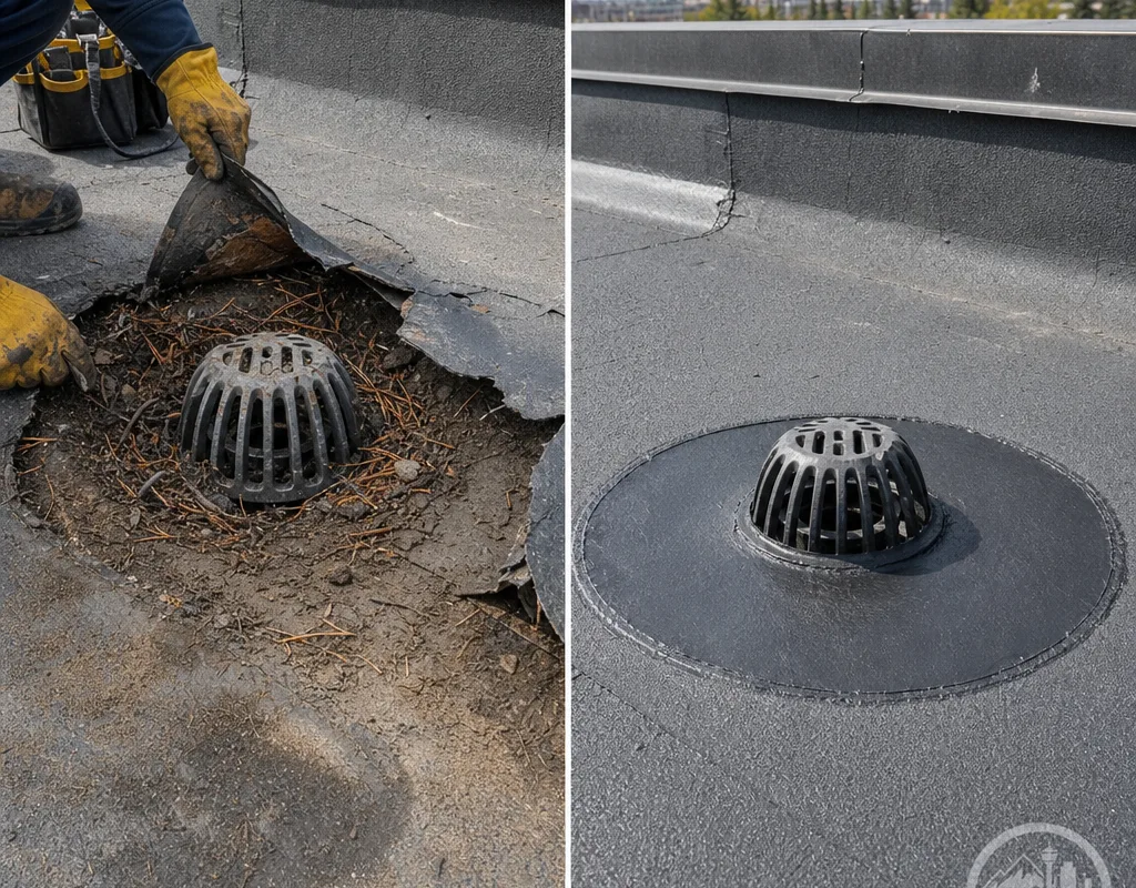 Before and after view of an open flat roof membrane seam repaired near a cleared roof drain