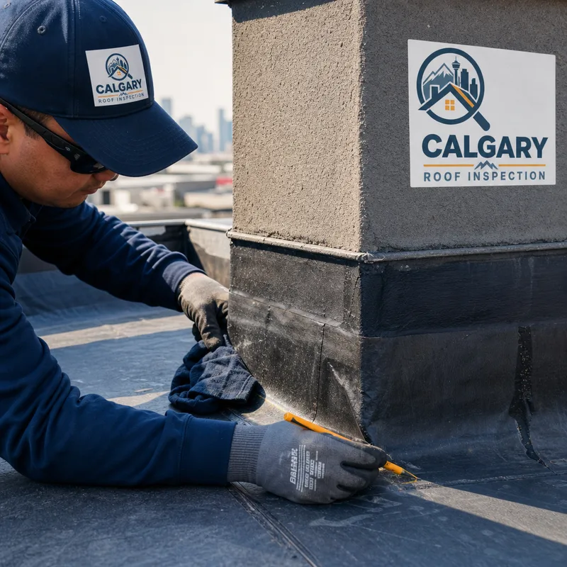 Technician marking and cleaning a flat roof membrane seam at a parapet flashing transition