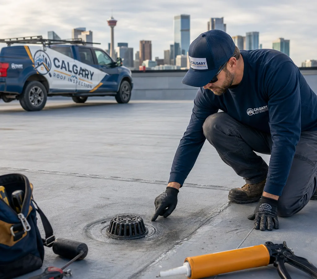 Technician examining a membrane seam near a drain on a Calgary flat roof