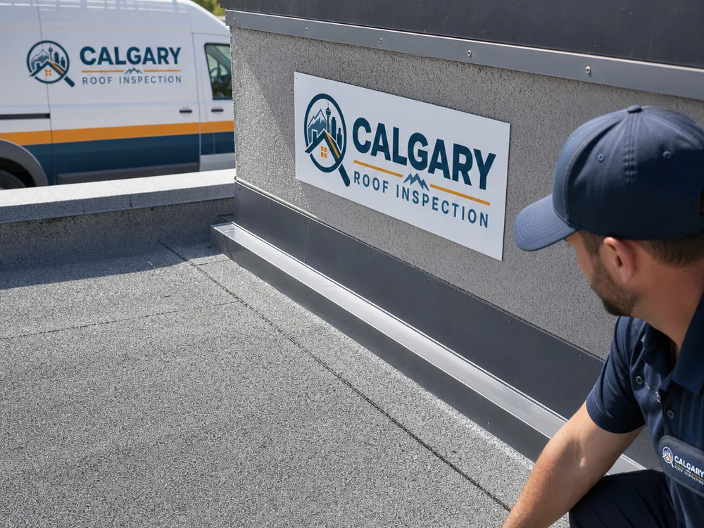 Completed parapet wall flashing termination repair on a low-slope roof