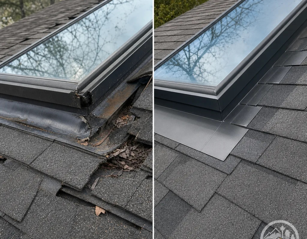 Before and after skylight repair showing deteriorated flashing and lifted shingles corrected with integrated step flashing and re-laid shingles
