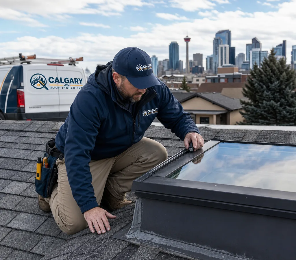 Technician inspecting a Calgary residential skylight curb, flashing, sealant lines, and surrounding shingles