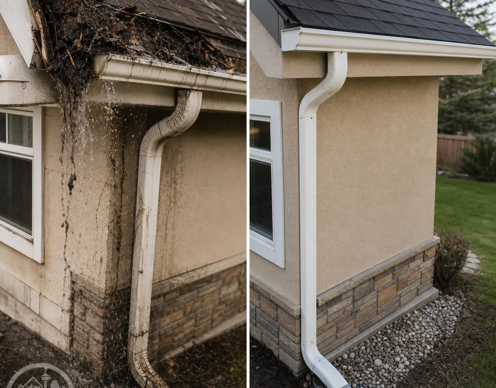 Before-and-after comparison of a sagging gutter replaced with a properly pitched run and corrected downspout outlet