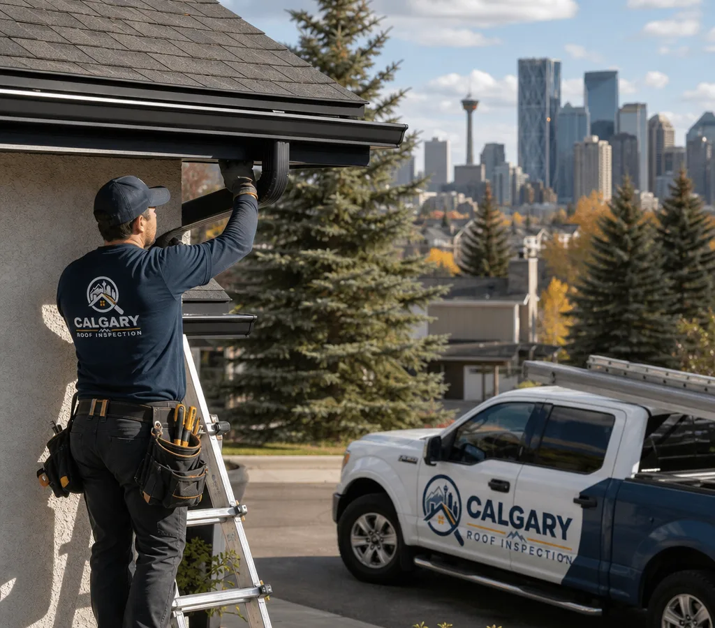 Installer fitting new gutters and a downspout along a Calgary home's eave with properly set ladders and finished corners