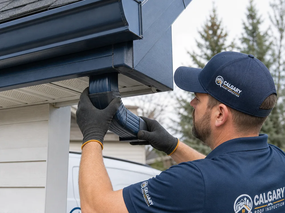 Close-up of a newly installed gutter corner and downspout outlet with clean sealing and proper hanger placement