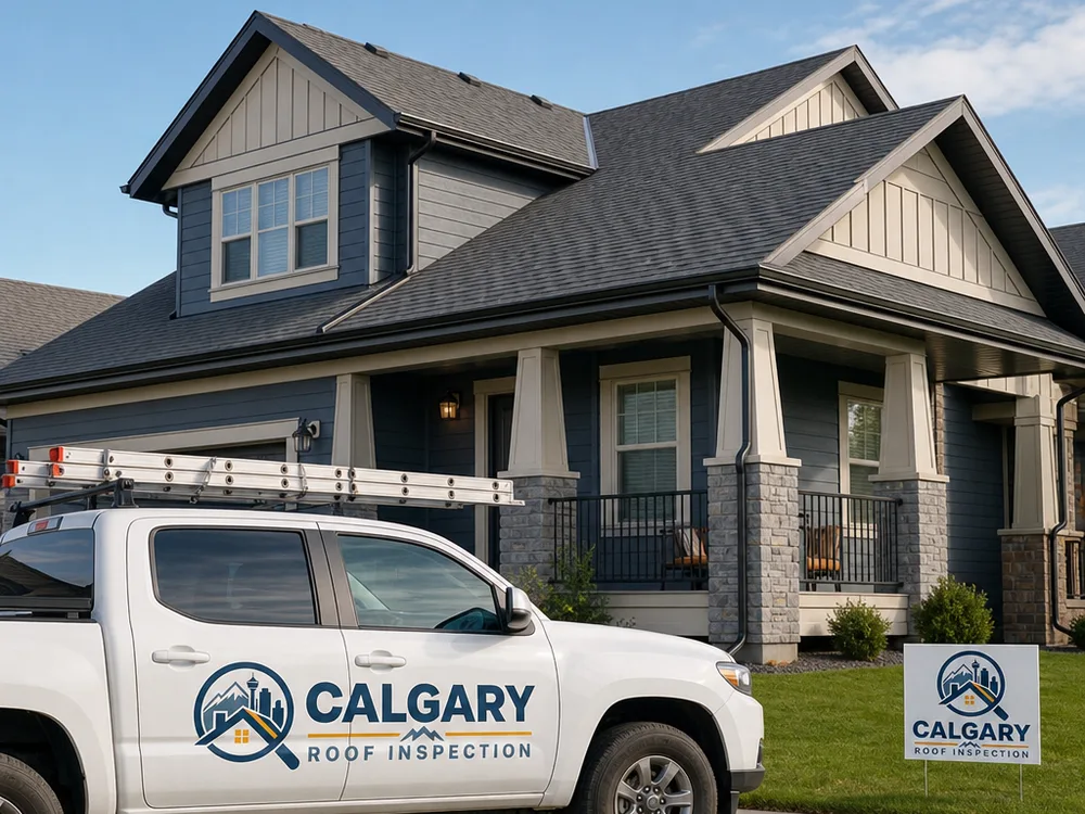 Wide view of a Calgary home with newly installed gutters and matched downspouts along the front elevation