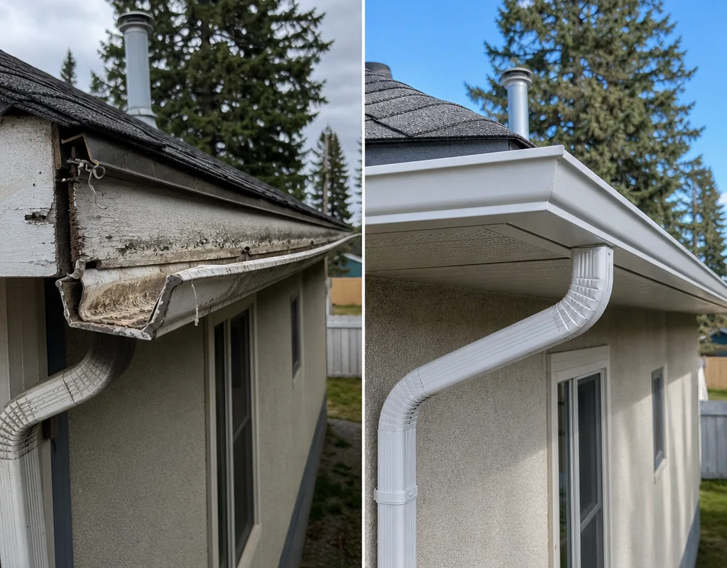 Worn sagging gutter beside a new straight continuous aluminum gutter with a properly placed downspout