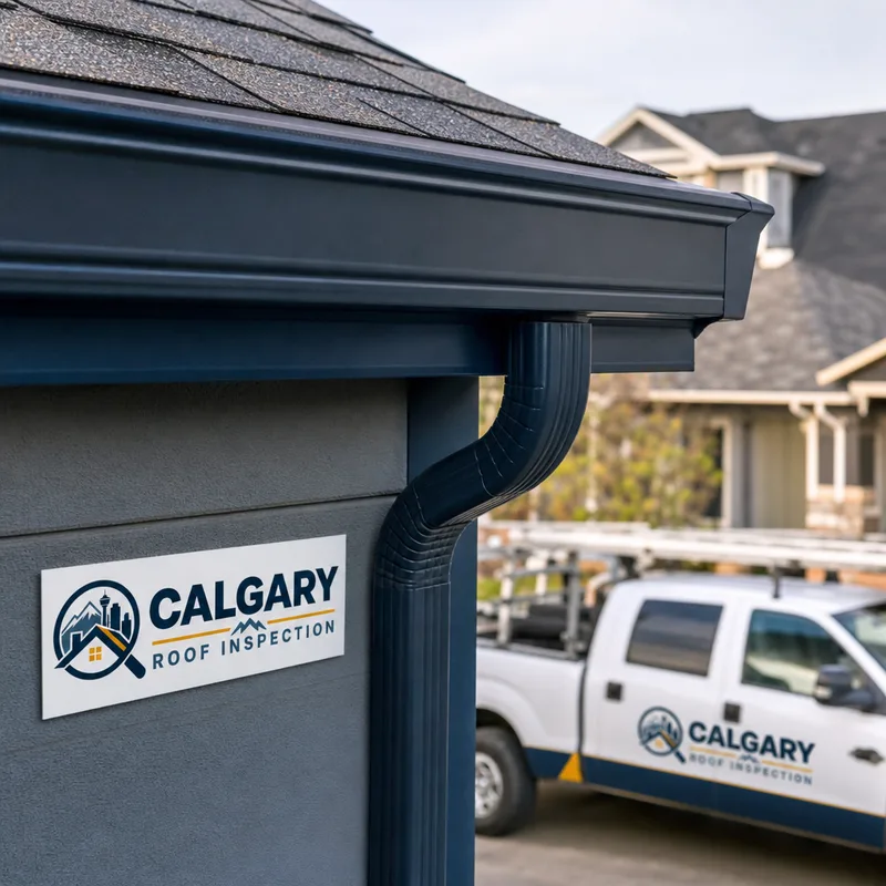 Close-up of a sealed gutter mitre, hidden hangers, and a clean downspout transition on a Calgary home