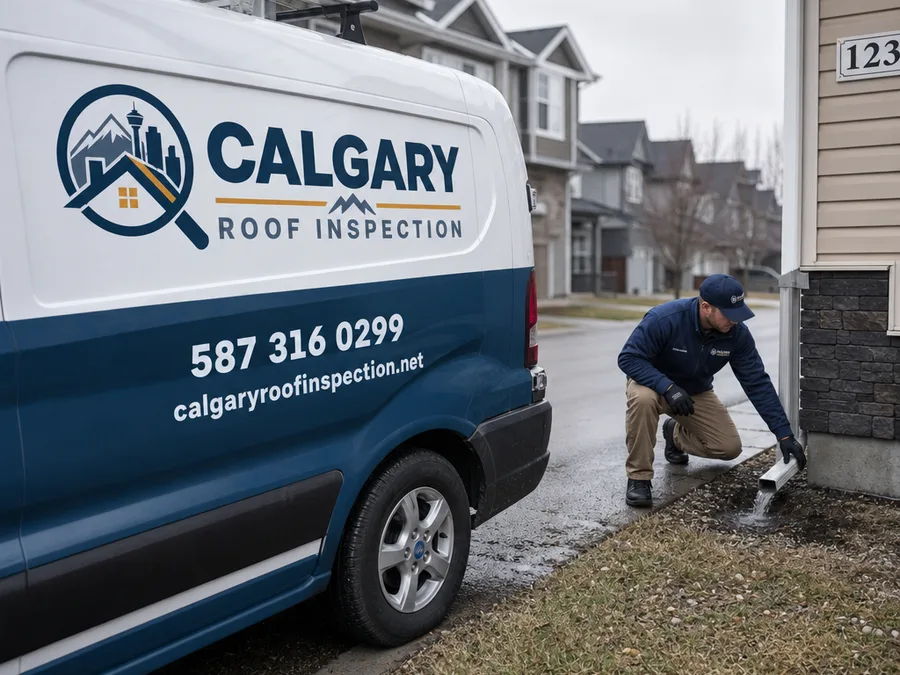 Technician checking downspout discharge away from a Calgary home's foundation