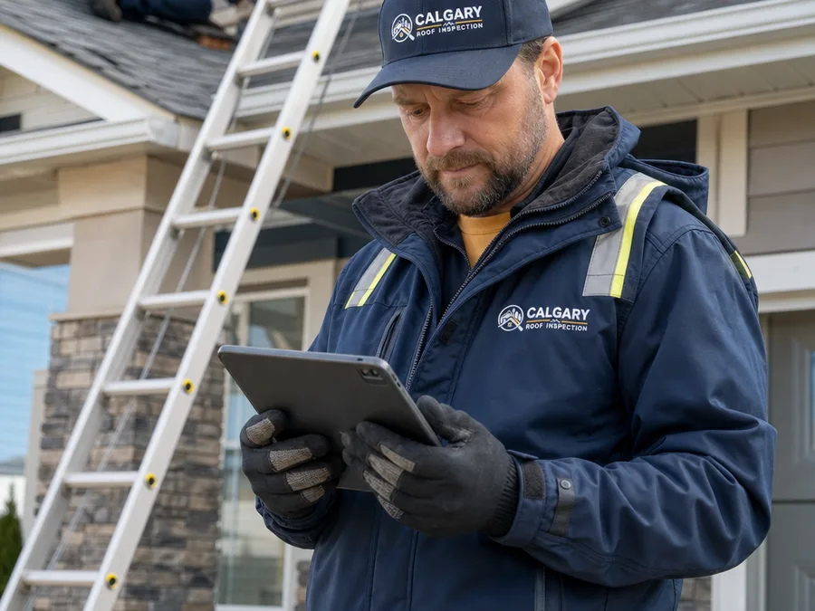 Roof inspector reviewing roof photographs on a tablet beside a Calgary home